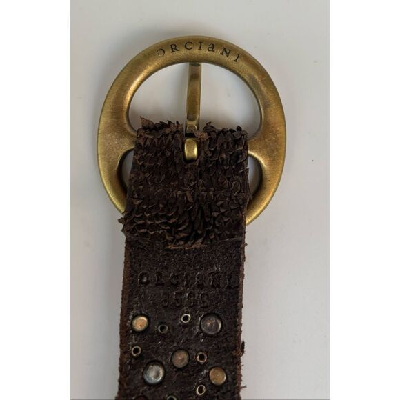 Vintage Orciani Leather Scales Studded Textured Brown Belt with Gold Accents M